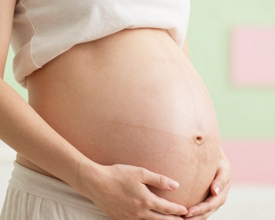 A close-up view of a pregnant woman's skin, showcasing common pregnancy skin concerns such as a healthy glow, subtle stretch marks, and slight pigmentation changes. The foreground features her hands gently cradling her belly, highlighting the natural beauty of pregnancy. In the middle ground, soft, even lighting enhances her skin texture, while a blurred pastel background of soft greens and pinks evokes feelings of warmth and tranquility. The image captures the essence of motherhood with a serene and nurturing atmosphere. The woman is wearing a simple, modest light-colored dress, reflecting softness and comfort. The composition is intimate, focusing on the beauty of the skin, infused with a sense of hope and new beginnings, captured with a soft-focus lens for a dreamy effect.