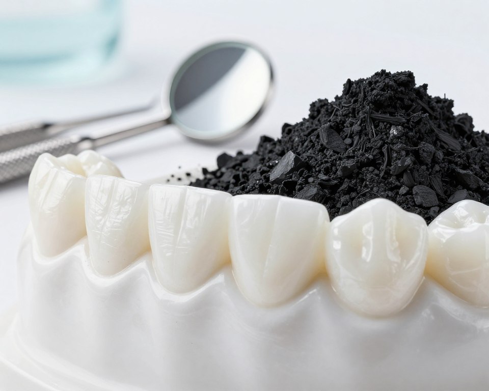 A close-up view of a pristine white dental enamel surface, contrasted with a pile of activated charcoal powder on one side, illustrating the abrasivity of the substance. The foreground features a fine texture of the enamel, showcasing its smoothness, while the charcoal's gritty texture emphasizes its abrasive nature. In the middle, a series of dentist’s tools, such as a dental mirror and explorer, are neatly arranged, hinting at oral care. The background is softly blurred with a light gradient that provides a clinical, clean atmosphere, emphasizing professionalism. The lighting is bright and even, highlighting the textures of both the enamel and the charcoal. Aim for a scientific yet approachable mood, suitable for a health-focused article. A close-up view of a pristine white dental enamel surface, contrasted with a pile of activated charcoal powder on one side, illustrating the abrasivity of the substance. The foreground features a fine texture of the enamel, showcasing its smoothness, while the charcoal's gritty texture emphasizes its abrasive nature. In the middle, a series of dentist’s tools, such as a dental mirror and explorer, are neatly arranged, hinting at oral care. The background is softly blurred with a light gradient that provides a clinical, clean atmosphere, emphasizing professionalism. The lighting is bright and even, highlighting the textures of both the enamel and the charcoal. Aim for a scientific yet approachable mood, suitable for a health-focused article.