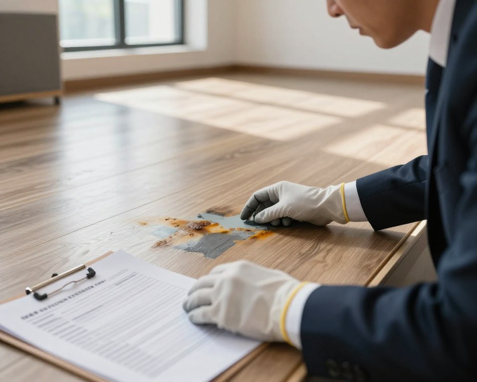 A close-up view of a professional in a business suit examining a newly installed floor, showing visible signs of chemical exposure. The foreground features protective gloves and a lab report detailing chemical analysis, highlighting safety concerns. In the middle, the flooring is made of polished laminate with a slight sheen, accented by discolored patches suggesting toxic substances seeping from the surface. The background includes an office setting with soft natural light streaming through a window, casting gentle shadows that enhance the mood of concern and urgency. The overall atmosphere is serious and professional, focusing on health implications and safety practices related to flooring chemicals. A close-up view of a professional in a business suit examining a newly installed floor, showing visible signs of chemical exposure. The foreground features protective gloves and a lab report detailing chemical analysis, highlighting safety concerns. In the middle, the flooring is made of polished laminate with a slight sheen, accented by discolored patches suggesting toxic substances seeping from the surface. The background includes an office setting with soft natural light streaming through a window, casting gentle shadows that enhance the mood of concern and urgency. The overall atmosphere is serious and professional, focusing on health implications and safety practices related to flooring chemicals.