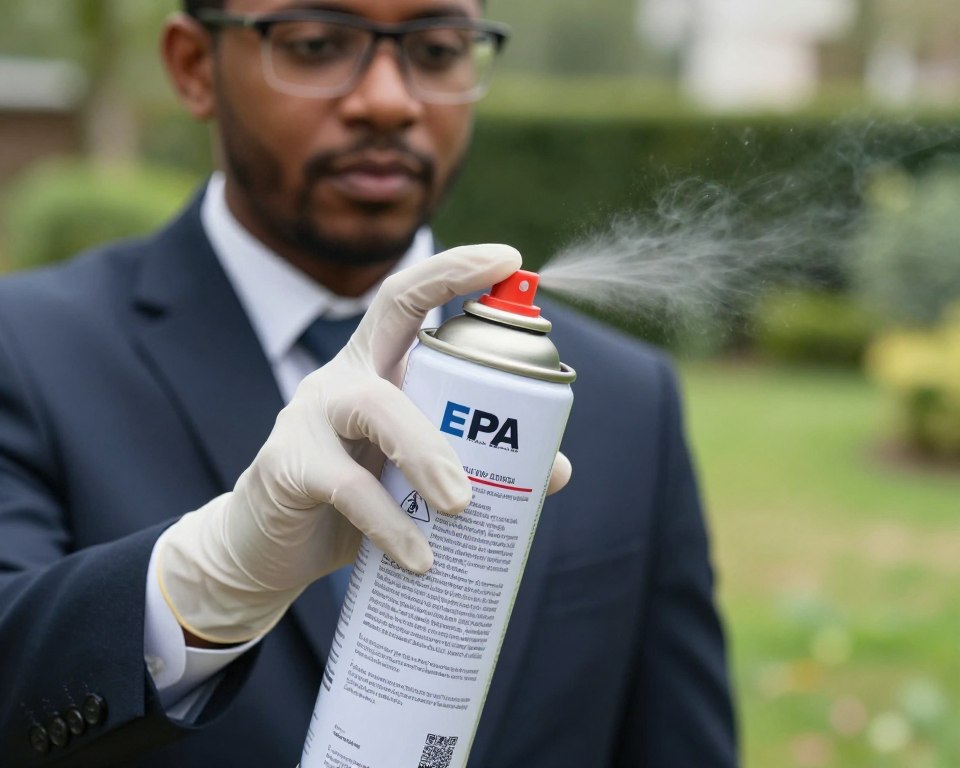 A close-up view of a professional in business attire inspecting a spray can labeled with regulatory symbols and a prominent EPA approval mark, symbolizing mosquito control safety. The foreground features detailed labels showcasing safety instructions and ingredients, with a focus on clarity. In the middle ground, the individual, a diverse male or female, is wearing protective gloves and glasses, conveying a sense of care and responsibility. The background shows a well-maintained garden, indicating a safe and clean environment for mosquito control. Soft, natural lighting highlighting the scene creates an informative yet serene atmosphere, while the depth of field subtly blurs the surroundings to emphasize the subject and the importance of the labels. A close-up view of a professional in business attire inspecting a spray can labeled with regulatory symbols and a prominent EPA approval mark, symbolizing mosquito control safety. The foreground features detailed labels showcasing safety instructions and ingredients, with a focus on clarity. In the middle ground, the individual, a diverse male or female, is wearing protective gloves and glasses, conveying a sense of care and responsibility. The background shows a well-maintained garden, indicating a safe and clean environment for mosquito control. Soft, natural lighting highlighting the scene creates an informative yet serene atmosphere, while the depth of field subtly blurs the surroundings to emphasize the subject and the importance of the labels.