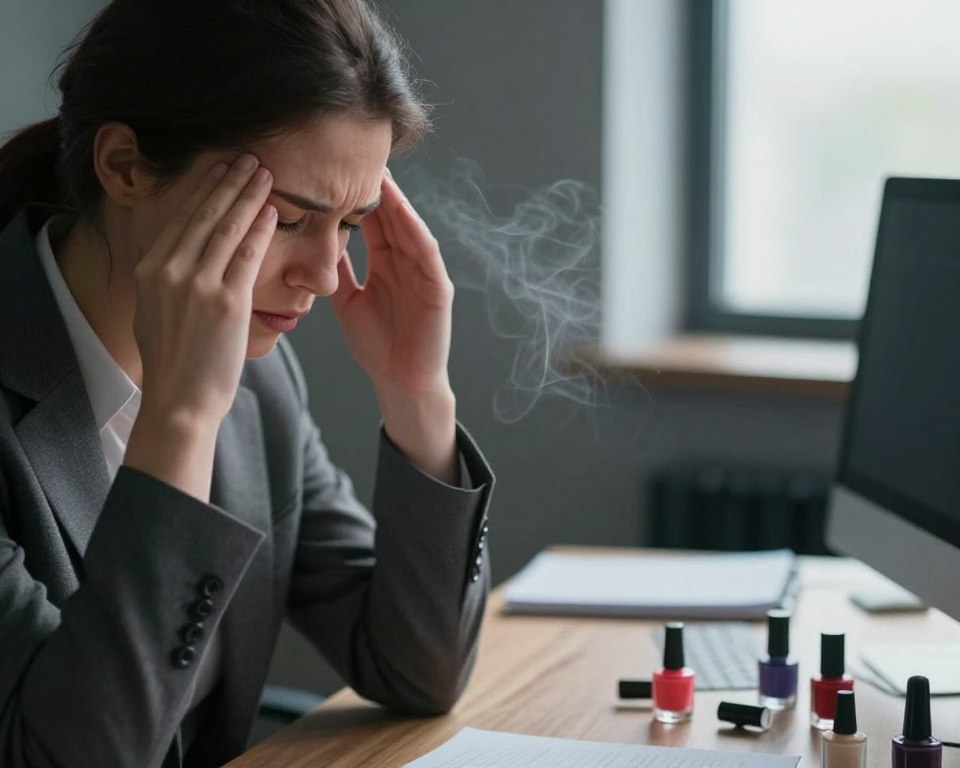 A close-up view of a professional-looking office space, focusing on a workspace where acetone exposure symptoms manifest. In the foreground, a person in modest business attire is rubbing their temples, showing signs of headache and dizziness. Their expression reflects discomfort. The middle ground features scattered nail polish remover bottles and a faint scent cloud, lightly visualized. In the background, a dimly lit window suggests a lack of ventilation, with subtle light filtering through to create a tense atmosphere. The overall mood is serious yet informative, aiming to educate viewers about the physical impacts of acetone overexposure. The lighting is soft but emphasizes the tension in the scene, with a slight vignette effect to draw attention to the central subject. A close-up view of a professional-looking office space, focusing on a workspace where acetone exposure symptoms manifest. In the foreground, a person in modest business attire is rubbing their temples, showing signs of headache and dizziness. Their expression reflects discomfort. The middle ground features scattered nail polish remover bottles and a faint scent cloud, lightly visualized. In the background, a dimly lit window suggests a lack of ventilation, with subtle light filtering through to create a tense atmosphere. The overall mood is serious yet informative, aiming to educate viewers about the physical impacts of acetone overexposure. The lighting is soft but emphasizes the tension in the scene, with a slight vignette effect to draw attention to the central subject.