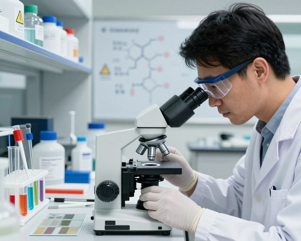 A close-up view of a professional researcher in a laboratory, wearing a lab coat and safety goggles, examining synthetic furniture finishes under a well-lit microscope. In the foreground, show detailed glass slides with samples of finishes, and pipettes with colorful liquids indicating potential toxins. The middle ground features shelves lined with various synthetic finish containers, some labeled with caution symbols. In the background, a whiteboard filled with chemical formulas and hazard icons enhances the scientific atmosphere. The lighting is bright and clinical, emphasizing the seriousness of identifying toxins. The overall mood conveys a sense of diligence and caution in a modern research environment.