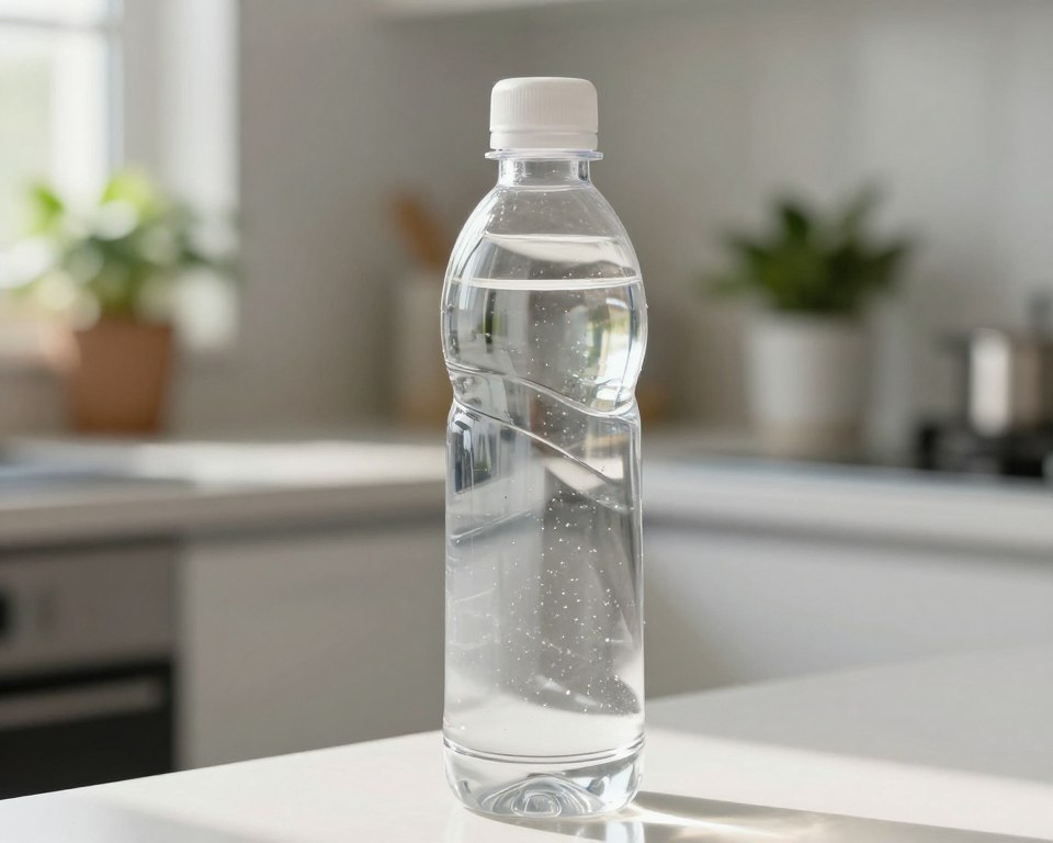 A close-up view of a reusable plastic water bottle, positioned prominently in the foreground, reflecting sunlight to emphasize its sleek design and transparency. The bottle is filled with clear water, revealing tiny specks of microplastics suspended within, symbolizing contamination. In the middle ground, a blurred backdrop of a clean, minimalistic kitchen counter with potted plants, enhancing the health-conscious theme. Soft, natural lighting filters through a nearby window, casting gentle shadows and creating a serene atmosphere. The overall mood is informative yet understated, focusing on the safe and practical aspects of reusable containers while subtly addressing the concerns about microplastics. The composition should be shot from a slightly elevated angle to capture both the bottle's details and the environment.