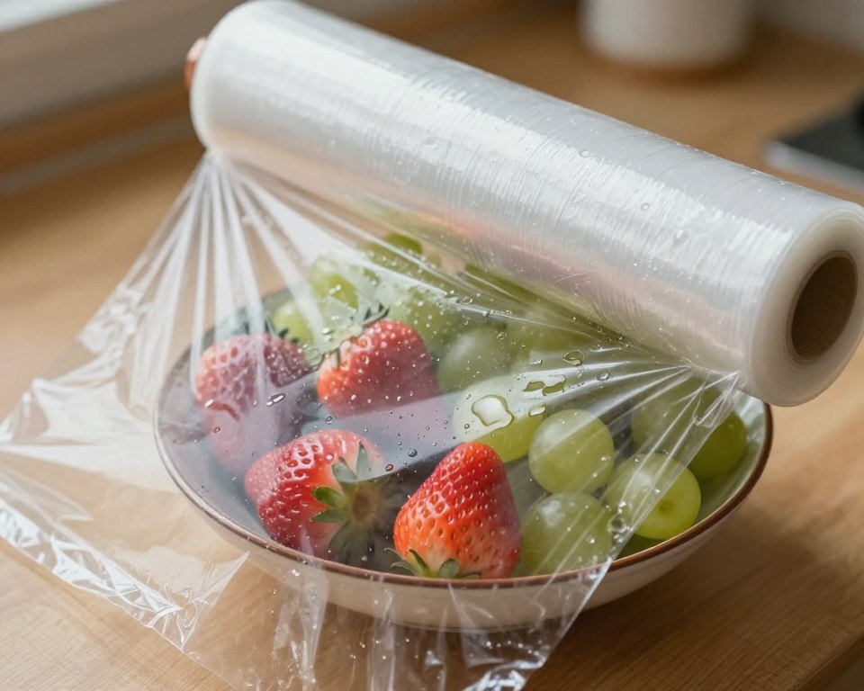 A close-up view of a roll of plastic wrap partially unrolled, with droplets of liquid forming underneath it, illustrating chemical leaching. In the foreground, the plastic wrap glimmers in soft, diffused lighting, emphasizing its texture. The middle layer showcases a bowl of fresh fruits, such as strawberries and grapes, placed directly beneath the plastic, with glistening surfaces that reflect the light. The background is softly blurred, featuring a kitchen countertop with natural wood tones, indicating a homey cooking environment. The overall mood is slightly tense and cautionary, highlighting the potential dangers of chemical release. The composition is captured from an overhead angle, focusing on the interaction between the plastic wrap and the food beneath it. A close-up view of a roll of plastic wrap partially unrolled, with droplets of liquid forming underneath it, illustrating chemical leaching. In the foreground, the plastic wrap glimmers in soft, diffused lighting, emphasizing its texture. The middle layer showcases a bowl of fresh fruits, such as strawberries and grapes, placed directly beneath the plastic, with glistening surfaces that reflect the light. The background is softly blurred, featuring a kitchen countertop with natural wood tones, indicating a homey cooking environment. The overall mood is slightly tense and cautionary, highlighting the potential dangers of chemical release. The composition is captured from an overhead angle, focusing on the interaction between the plastic wrap and the food beneath it.