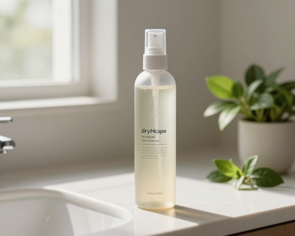 A close-up view of a sleek, modern bottle of dry shampoo designed for safe inhalation, prominently displayed on a clean and minimalistic bathroom countertop. The bottle is clear, showcasing a light, powdery substance inside, with a professional and eco-friendly design that emphasizes safety. In the background, soft, diffused natural light filters in from a window, illuminating the scene while casting gentle shadows. A few fresh, green plants are placed next to the bottle, adding a touch of nature and reinforcing a healthy ambience. The atmosphere is calm and reassuring, inviting viewers to consider the safe and effective use of hair care products. The image is shot at a shallow depth of field, focusing on the product while softly blurring the background.