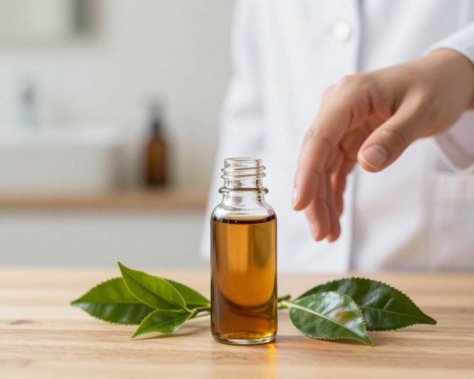 A close-up view of a small glass bottle of tea tree oil placed on a wooden surface. The bottle is labeled clearly but without any text, showcasing its transparency and the rich amber color of the oil inside. Surrounding the bottle are fresh green tea tree leaves, enhancing the natural aspect of the product. In the background, there is a soft-focus effect of a well-lit bathroom setting with soft, diffused lighting, conveying a clean and healing atmosphere. A person's hand, clad in a light, professional attire, gently extends towards the bottle, poised to apply the oil, indicating safety and attentiveness in its use. The overall mood is calm and inviting, reflecting confidence in the direct application of tea tree oil on the skin.