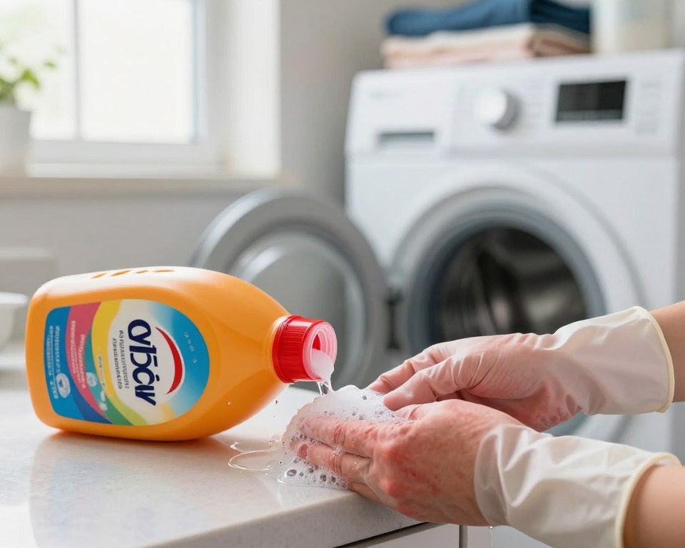 A close-up view of a small, vibrant laundry room, with a focus on a spilling bottle of laundry detergent on a countertop. The detergent is bright and colorful, with bubbles and drips illustrating excess usage. In the foreground, a pair of hands wearing disposable gloves demonstrate skin irritation, showcasing redness and irritation on the skin. In the background, a washing machine and neatly stacked clean laundry provide a domestic setting. Soft, natural lighting streams in through a window, creating a warm but slightly tense atmosphere, emphasizing the unexpected hazard of household products. Use a shallow depth of field to keep the hands and detergent in sharp focus while the background gently blurs.