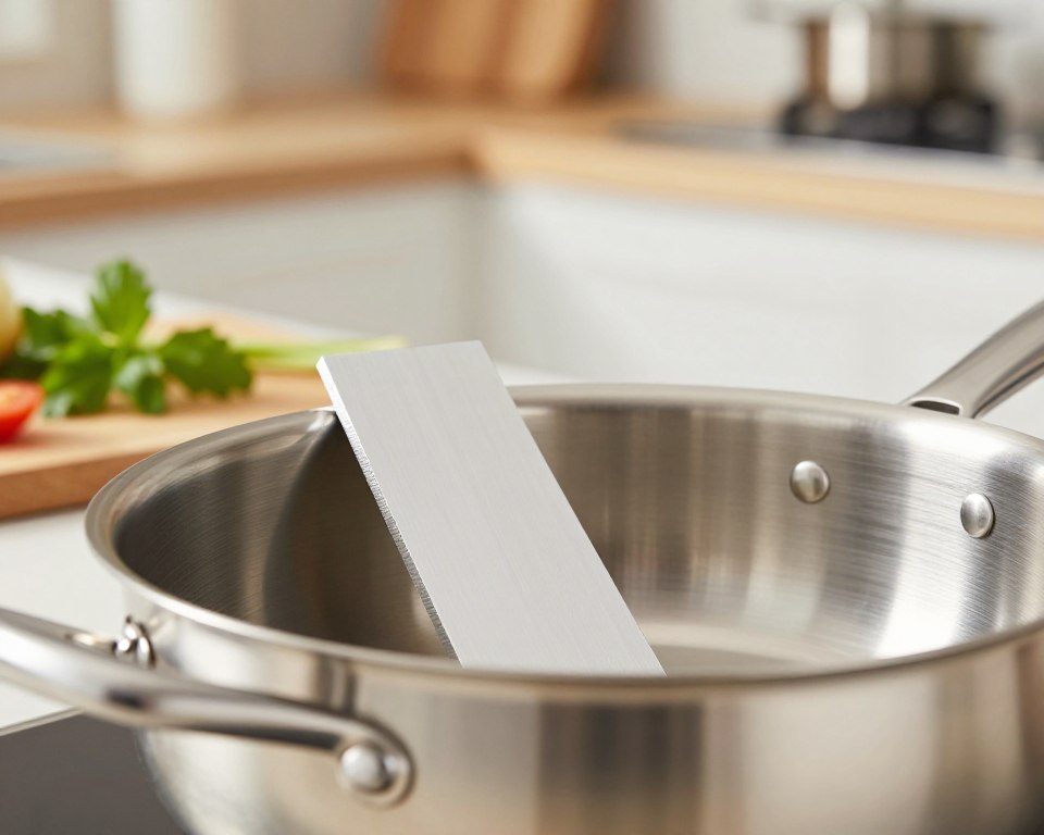 A close-up view of a stainless steel pan, showcasing its aluminum core. In the foreground, the pan is angled to reveal the shiny stainless steel surface alongside a cross-section that highlights the aluminum layer within. The light reflects off the surfaces, creating a bright and polished ambiance. In the middle ground, subtle kitchen elements like a cutting board and fresh ingredients, such as herbs and vegetables, add context to the cooking environment. In the background, a softly blurred kitchen setting with warm, inviting lighting, evoking a sense of home and culinary artistry. The atmosphere is educational yet inviting, emphasizing the innovation of cookware design. Use a macro lens perspective for detailed textures and clarity.