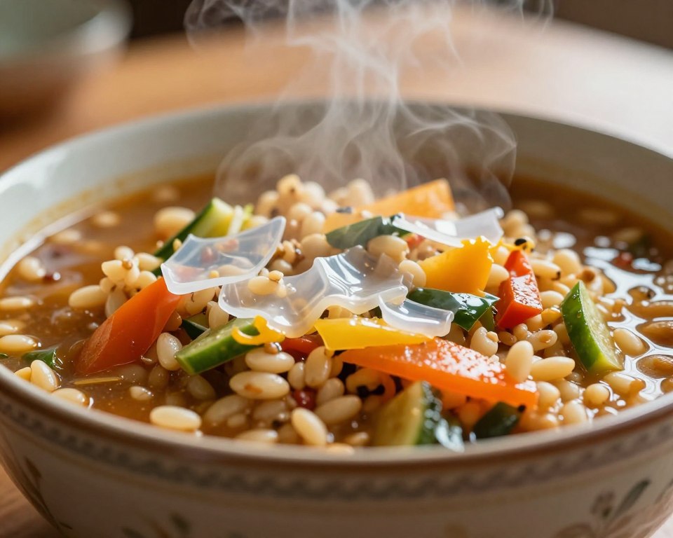 A close-up view of a steaming bowl of hot food, where vibrant vegetables and grains are visibly mixed with melted plastic fragments. In the foreground, focus on the glossy, colorful plastic pieces, some partially submerged in a rich broth. In the middle, depict the bowl with intricate patterns, giving a sense of warmth and home-cooked comfort. The background can feature a wooden table setting, slightly blurred to emphasize the main subject. Utilize soft, natural lighting to create a warm atmosphere, while a shallow depth of field ensures the foreground stands out sharply. Convey a sense of concern about plastic contamination, evoking a thoughtful mood in this visually striking representation.