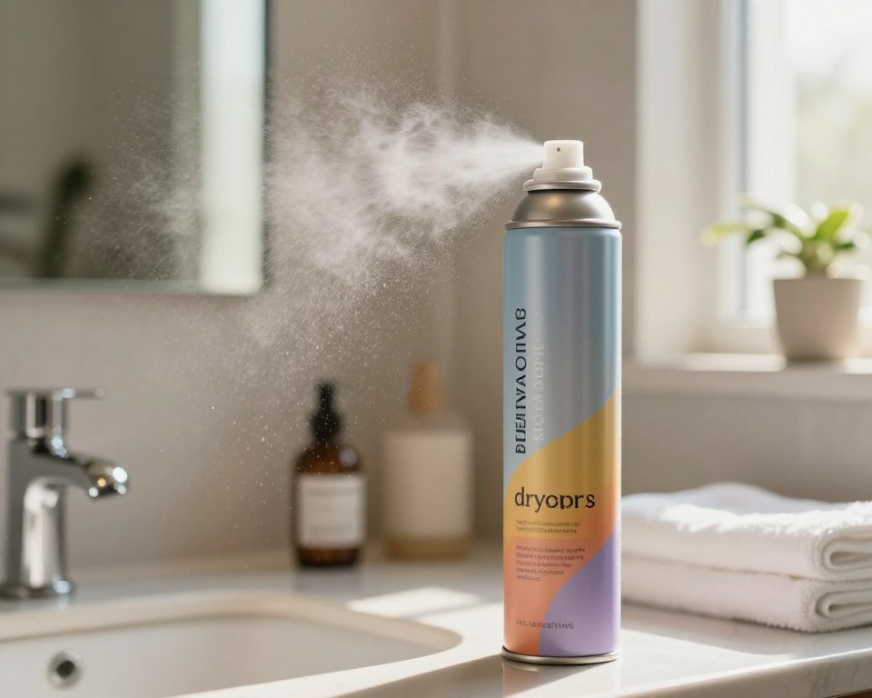 A close-up view of a stylish dry shampoo aerosol can positioned on a bathroom countertop, showcasing its sleek design and vibrant label. In the foreground, fine particles of the dry shampoo are gently dispersing in the air, capturing the dynamic movement and texture. The middle ground features an elegantly arranged bathroom scene, complete with a mirror reflecting soft, natural sunlight that illuminates the particles, creating a warm and inviting atmosphere. The background includes subtle hints of bathroom decor, like a potted plant and neatly folded towels, enhancing the overall elegance. The lighting is soft and diffused, evoking a sense of freshness and cleanliness. The image should portray a sense of safety and assurance, suitable for an audience interested in health and wellness.