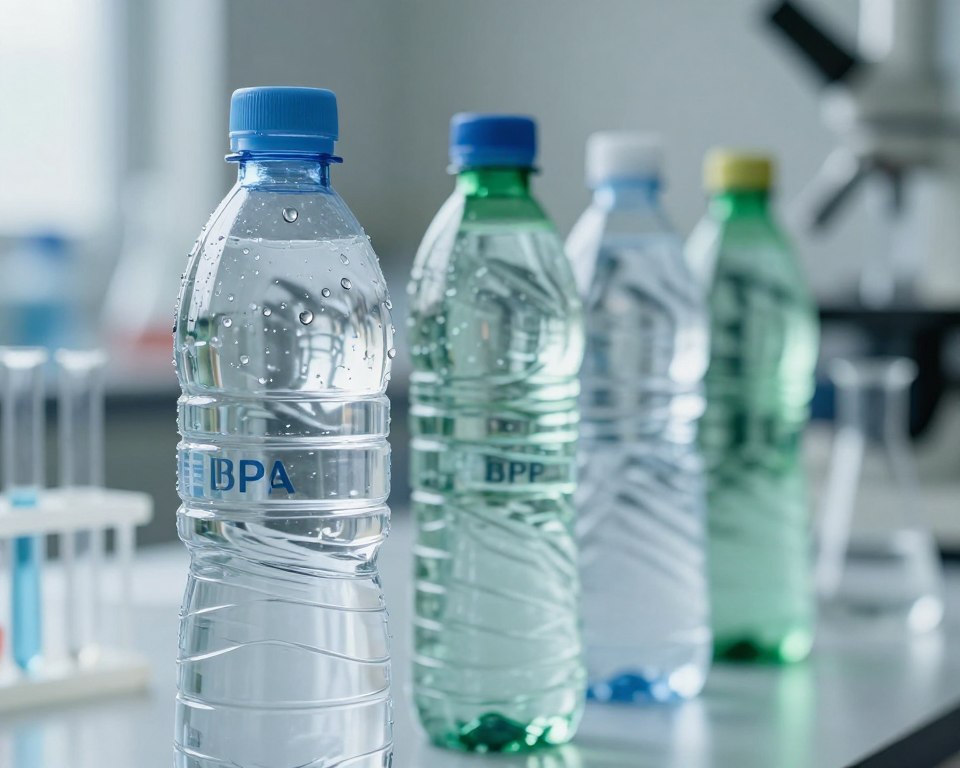 A close-up view of a transparent plastic water bottle filled with water, showcasing the subtle reflection of light on its surface. In the foreground, small droplets of condensation cling to the bottle, emphasizing its coolness. The middle ground features a cluster of water bottles, some with a slight green tint indicating BPA presence, arranged on a reflective surface, creating a sense of depth. In the background, a softly blurred laboratory setting with scientific equipment, such as beakers and test tubes, hints at research on chemicals in plastics. The lighting is bright yet soft, casting gentle shadows that enhance the scene's clarity and seriousness. The overall atmosphere conveys a sense of caution and concern about the potential harmful effects of BPA, inviting reflection on the subject.