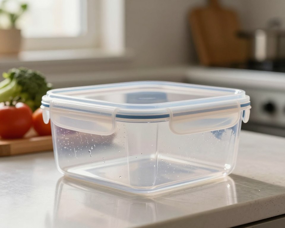 A close-up view of a transparent polycarbonate food storage container on a kitchen countertop, showcasing the subtle surface scratches and chemical hazards associated with polycarbonate materials. In the foreground, the container has condensation droplets revealing its interaction with food. The mid-ground features fresh fruits and vegetables, hinting at the potential food contact. In the background, a softly lit kitchen setting creates a warm, homey atmosphere. The lighting is natural, coming from a nearby window, casting gentle shadows and highlighting texture. The angle is slightly tilted, creating depth. The overall mood is cautious, emphasizing the need for awareness regarding polycarbonate hazards. Avoid any text or markings in the image. A close-up view of a transparent polycarbonate food storage container on a kitchen countertop, showcasing the subtle surface scratches and chemical hazards associated with polycarbonate materials. In the foreground, the container has condensation droplets revealing its interaction with food. The mid-ground features fresh fruits and vegetables, hinting at the potential food contact. In the background, a softly lit kitchen setting creates a warm, homey atmosphere. The lighting is natural, coming from a nearby window, casting gentle shadows and highlighting texture. The angle is slightly tilted, creating depth. The overall mood is cautious, emphasizing the need for awareness regarding polycarbonate hazards. Avoid any text or markings in the image.