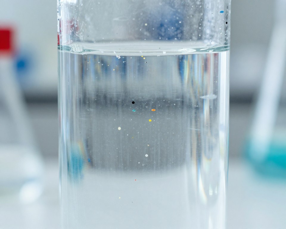 A close-up view of a transparent water bottle partially filled with water, showcasing tiny microplastics and nanoplastics suspended within. The water appears clear but contains visible flecks of various colors and shapes, illustrating the presence of plastic contaminants. The background features a blurred scientific laboratory setting, hinting at analysis and research. Bright, natural lighting highlights the water bottle, creating a clean and sterile atmosphere. A macro lens perspective enhances the details of the microplastics, demonstrating their size and texture. The overall mood is one of inquiry and concern, emphasizing the implications of plastic pollution in our drinking water.