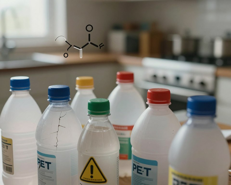 A close-up view of a variety of PET plastic containers and bottles in the foreground, some cracked and showing signs of wear, suggesting potential health risks. In the middle ground, there’s an artistic representation of chemical symbols and warning signs subtly integrated, illustrating the hazards associated with PET materials. The background fades into a blurred kitchen or recycling space, hinting at everyday usage. The lighting is soft and natural, highlighting the textures of the plastic while casting gentle shadows, creating a slightly somber mood to reflect concern about safety. The overall atmosphere should evoke a sense of caution and awareness regarding the health implications of using PET plastic. A close-up view of a variety of PET plastic containers and bottles in the foreground, some cracked and showing signs of wear, suggesting potential health risks. In the middle ground, there’s an artistic representation of chemical symbols and warning signs subtly integrated, illustrating the hazards associated with PET materials. The background fades into a blurred kitchen or recycling space, hinting at everyday usage. The lighting is soft and natural, highlighting the textures of the plastic while casting gentle shadows, creating a slightly somber mood to reflect concern about safety. The overall atmosphere should evoke a sense of caution and awareness regarding the health implications of using PET plastic.