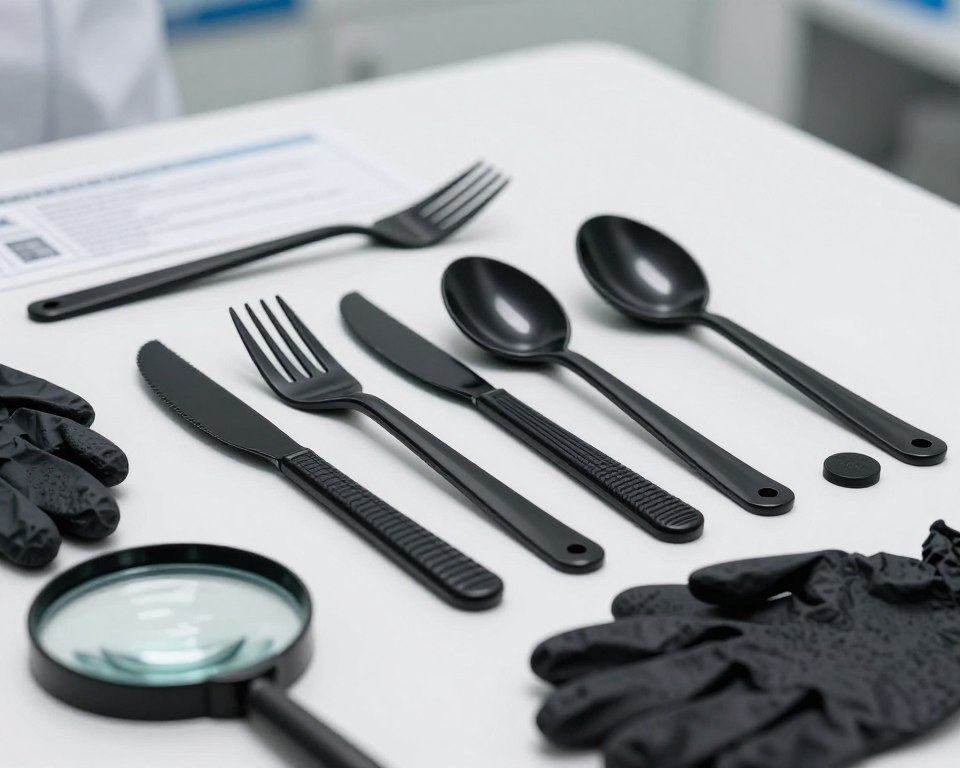 A close-up view of a variety of black plastic utensils, including forks, knives, and spoons, arranged neatly on a sterile white table. In the foreground, a pair of safety gloves and a magnifying glass emphasize safety concerns. The utensils should be glossy and feature different textures to highlight their plastic composition. In the middle ground, there’s a faintly visible regulatory document outlining safety standards, slightly blurred to keep the focus on the utensils. The background is softly blurred to suggest a clinical setting with proper lighting that emphasizes cleanliness. The atmosphere is serious and professional, evoking a sense of caution regarding food safety and health standards.