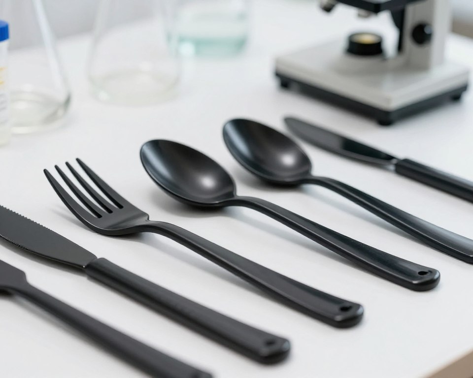 A close-up view of a variety of black plastic utensils, including forks, spoons, and knives, artfully arranged on a clean white surface. The utensils are shiny and reflect soft, diffused light, creating a glossy appearance. In the background, subtly blurred laboratory glassware hints at a scientific analysis, emphasizing the focus on chemical composition. The atmosphere is calm and professional, suggesting a thoughtful examination of safety and toxicity. A microscope is partially visible, further reinforcing the theme of investigation. The image captures the utensils in sharp focus while maintaining a soft bokeh effect in the backdrop. Overall, it conveys a sense of inquiry and awareness about the materials used in these items.