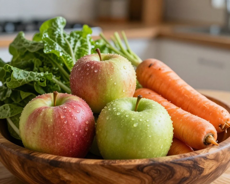 A close-up view of a variety of fresh fruits and vegetables, such as apples, carrots, and leafy greens, arranged in a rustic wooden bowl. The surface of the food items is subtly highlighted with glistening droplets, indicating the presence of glyphosate residues. In the background, a softly blurred kitchen setting with warm, natural lighting creates a homey atmosphere. Shadows gently fall on the food, enhancing the texture and color of each item. The camera angle is slightly tilted to provide a dynamic composition, focusing on the imperfections of the produce that suggest chemical exposure. The overall mood conveys caution and awareness, inviting viewers to reflect on the implications of food safety in American agriculture. A close-up view of a variety of fresh fruits and vegetables, such as apples, carrots, and leafy greens, arranged in a rustic wooden bowl. The surface of the food items is subtly highlighted with glistening droplets, indicating the presence of glyphosate residues. In the background, a softly blurred kitchen setting with warm, natural lighting creates a homey atmosphere. Shadows gently fall on the food, enhancing the texture and color of each item. The camera angle is slightly tilted to provide a dynamic composition, focusing on the imperfections of the produce that suggest chemical exposure. The overall mood conveys caution and awareness, inviting viewers to reflect on the implications of food safety in American agriculture.