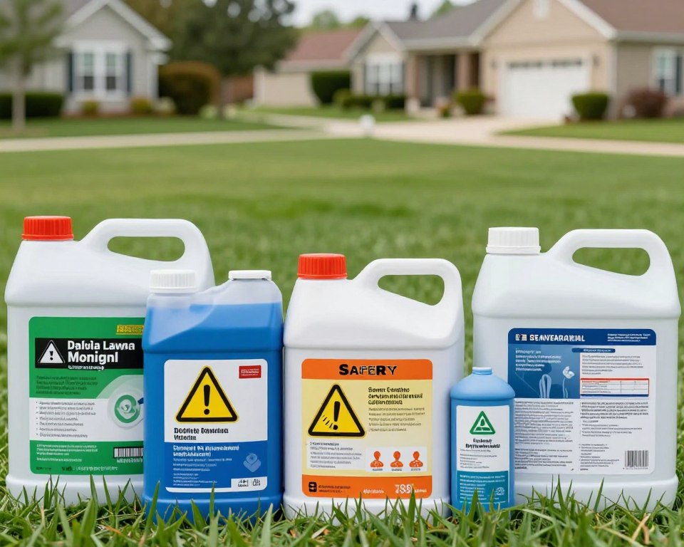 A close-up view of a variety of lawn chemical safety labels, prominently displayed in the foreground. The labels should be colorful, including graphics such as hazard symbols, usage instructions, and regulatory compliance details with clear icons for safe handling. In the middle ground, a pristine lawn with bright green grass can be seen, indicating the application of these chemicals. In the background, a serene suburban environment featuring well-maintained homes and gardens under soft, natural daylight, creating a sense of tranquility and responsibility. The overall mood is informative and serious, highlighting the importance of safety and compliance in lawn care products. The image should have a clear, professional look, with sharp details to emphasize the labels and their significance. A close-up view of a variety of lawn chemical safety labels, prominently displayed in the foreground. The labels should be colorful, including graphics such as hazard symbols, usage instructions, and regulatory compliance details with clear icons for safe handling. In the middle ground, a pristine lawn with bright green grass can be seen, indicating the application of these chemicals. In the background, a serene suburban environment featuring well-maintained homes and gardens under soft, natural daylight, creating a sense of tranquility and responsibility. The overall mood is informative and serious, highlighting the importance of safety and compliance in lawn care products. The image should have a clear, professional look, with sharp details to emphasize the labels and their significance.