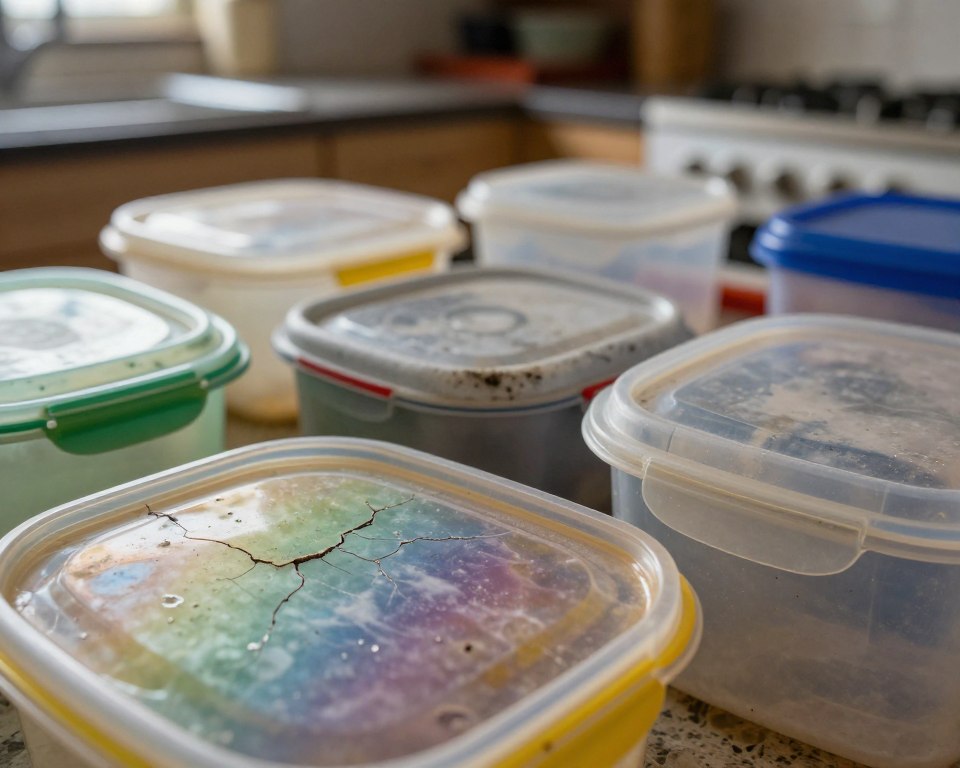 A close-up view of a variety of plastic containers, partially melted and worn from heat exposure, displaying delicate cracks and leach marks that suggest chemical leaching. The foreground features a brightly colored plastic container, with light reflecting off its surface, showcasing a rainbow of colors due to its aging. In the middle ground, scattered containers in different shapes and sizes show varying degrees of wear, some sitting on a kitchen countertop. The background features a soft, blurred domestic setting with warm lighting, evoking a sense of concern about everyday use. The atmosphere is tense, highlighting the hidden dangers these everyday items may pose to health. A close-up view of a variety of plastic containers, partially melted and worn from heat exposure, displaying delicate cracks and leach marks that suggest chemical leaching. The foreground features a brightly colored plastic container, with light reflecting off its surface, showcasing a rainbow of colors due to its aging. In the middle ground, scattered containers in different shapes and sizes show varying degrees of wear, some sitting on a kitchen countertop. The background features a soft, blurred domestic setting with warm lighting, evoking a sense of concern about everyday use. The atmosphere is tense, highlighting the hidden dangers these everyday items may pose to health.