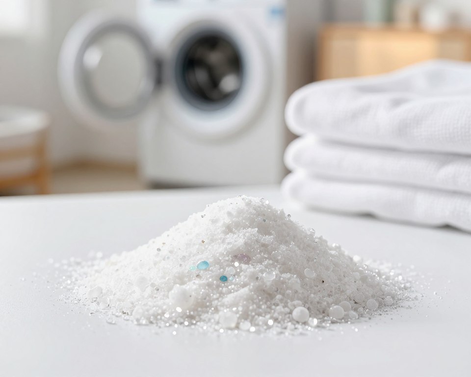 A close-up view of a vibrant, crystalline laundry powder, scattered artistically across a clean, white surface. The powder is illuminated by soft, diffused natural light that highlights its textures and the sparkling properties of optical brighteners, with a hint of luminescence reflected. In the background, gently blurred home laundry scene featuring a washing machine and a neatly folded stack of fresh, white laundry. A subtle gradient adds warmth to the scene while ensuring focus on the powder and its optical brighteners. The overall atmosphere conveys cleanliness and safety, embodying the essence of laundry products while providing a scientific exploration of ingredient safety. The composition should evoke a sense of freshness and purity, ideal for educational purposes. A close-up view of a vibrant, crystalline laundry powder, scattered artistically across a clean, white surface. The powder is illuminated by soft, diffused natural light that highlights its textures and the sparkling properties of optical brighteners, with a hint of luminescence reflected. In the background, gently blurred home laundry scene featuring a washing machine and a neatly folded stack of fresh, white laundry. A subtle gradient adds warmth to the scene while ensuring focus on the powder and its optical brighteners. The overall atmosphere conveys cleanliness and safety, embodying the essence of laundry products while providing a scientific exploration of ingredient safety. The composition should evoke a sense of freshness and purity, ideal for educational purposes.