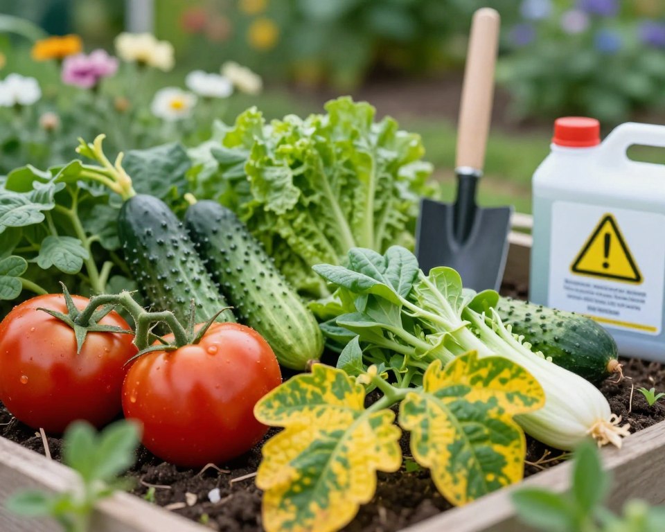 A close-up view of a vibrant vegetable garden, focusing on several varieties of vegetables like tomatoes, cucumbers, and leafy greens. In the foreground, one vegetable shows signs of distress, such as yellowing leaves or unusual patterns, contrasting with healthy vegetables. In the middle, delicate garden tools and chemical containers labeled with caution signs can be seen, subtly indicating the presence of chemicals in the vicinity. The background features a serene garden setting with a soft-focus effect on blooming flowers and greenery. The lighting is bright and natural, evoking a sense of warmth but hinting at an underlying concern. Capture a mood of caution, reflecting the health implications of consuming treated produce, while maintaining a visually appealing composition.