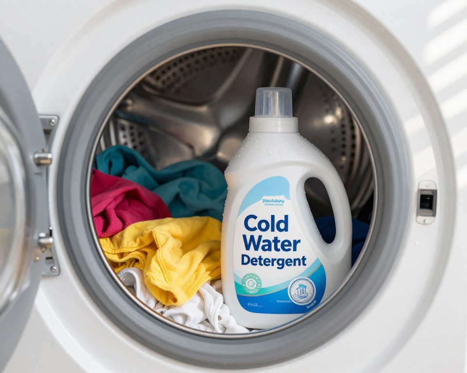 A close-up view of a washing machine with a focus on a transparent detergent bottle labeled "Cold Water Detergent." In the foreground, water droplets glisten on the bottle and a bright dish of freshly washed clothes, illustrating effectiveness. In the middle, the washing machine's drum is visible, displaying vibrant colored fabrics swaying gently, symbolizing cleanliness. The background features a bright, airy laundry room with sunlight streaming through a window, casting soft shadows and creating a fresh atmosphere. The overall mood is clean, hopeful, and reassuring, suggesting the effectiveness of cold water detergent. Use soft focus for the background to emphasize the detergent and clothes in the foreground, simulating a dynamic, inviting scene. A close-up view of a washing machine with a focus on a transparent detergent bottle labeled "Cold Water Detergent." In the foreground, water droplets glisten on the bottle and a bright dish of freshly washed clothes, illustrating effectiveness. In the middle, the washing machine's drum is visible, displaying vibrant colored fabrics swaying gently, symbolizing cleanliness. The background features a bright, airy laundry room with sunlight streaming through a window, casting soft shadows and creating a fresh atmosphere. The overall mood is clean, hopeful, and reassuring, suggesting the effectiveness of cold water detergent. Use soft focus for the background to emphasize the detergent and clothes in the foreground, simulating a dynamic, inviting scene.