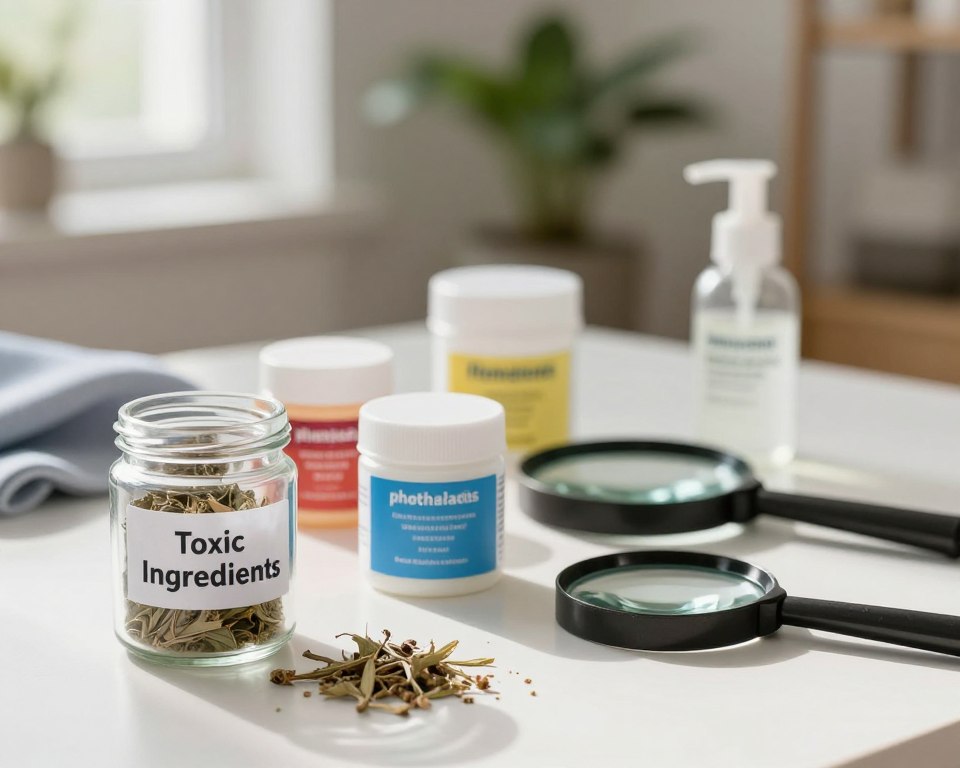 A close-up view of a well-organized workspace table displaying various common fabric refresher ingredients to avoid, such as synthetic fragrances, phthalates, and formaldehyde. In the foreground, a clear glass jar labeled "Toxic Ingredients" with a few dried herb sprigs for contrast. The middle ground showcases open containers with colorful chemical labels and a magnifying glass highlighting one ingredient. The background features a softly blurred home setting, with a plant and a window allowing natural light to filter through, creating a calm and informative atmosphere. The composition conveys caution and awareness, with soft lighting casting gentle shadows to enhance the focus on the ingredients.