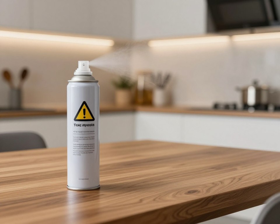 A close-up view of a wood polish spray canister, positioned in the foreground against a clean, modern kitchen backdrop. The canister should be designed with a sleek, professional look, labeled clearly but without text, emphasizing a warning symbol for toxic inhalation. The middle ground features a wooden table with polished surfaces, reflecting subtle light glimmers, while a faint mist is visible, suggesting the spray in action. The background is softly blurred, showcasing contemporary kitchen elements like cabinetry and utensils, with warm, inviting lighting that creates a slightly tense atmosphere. The image should evoke caution while being aesthetically pleasing, avoiding any human subjects. A close-up view of a wood polish spray canister, positioned in the foreground against a clean, modern kitchen backdrop. The canister should be designed with a sleek, professional look, labeled clearly but without text, emphasizing a warning symbol for toxic inhalation. The middle ground features a wooden table with polished surfaces, reflecting subtle light glimmers, while a faint mist is visible, suggesting the spray in action. The background is softly blurred, showcasing contemporary kitchen elements like cabinetry and utensils, with warm, inviting lighting that creates a slightly tense atmosphere. The image should evoke caution while being aesthetically pleasing, avoiding any human subjects.