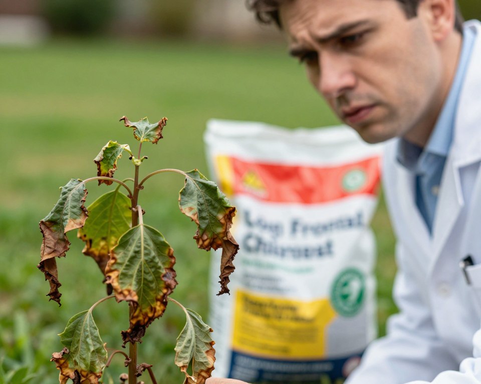 A close-up view of a worried, professional-looking adult wearing a lab coat, examining a wilting plant with brown, burnt leaves, indicative of fertilizer poisoning. In the foreground, the plant is detailed with visible symptoms like discoloration and curling leaves. The middle ground shows a brightly colored fertilizer bag with warning labels, slightly out of focus. The background features a well-manicured lawn under natural daylight, providing a stark contrast to the sickly plant. Soft, diffused lighting enhances the sense of urgency and concern, while a shallow depth of field keeps the attention on the plant and the individual. The overall atmosphere conveys seriousness and the importance of recognizing symptoms of fertilizer toxicity. A close-up view of a worried, professional-looking adult wearing a lab coat, examining a wilting plant with brown, burnt leaves, indicative of fertilizer poisoning. In the foreground, the plant is detailed with visible symptoms like discoloration and curling leaves. The middle ground shows a brightly colored fertilizer bag with warning labels, slightly out of focus. The background features a well-manicured lawn under natural daylight, providing a stark contrast to the sickly plant. Soft, diffused lighting enhances the sense of urgency and concern, while a shallow depth of field keeps the attention on the plant and the individual. The overall atmosphere conveys seriousness and the importance of recognizing symptoms of fertilizer toxicity.