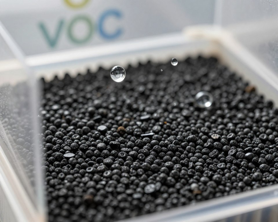 A close-up view of an activated carbon filter showing signs of saturation, highlighting granular carbon particles within a transparent housing. In the foreground, the filter's surface is detailed, with some carbon granules visibly darker to indicate usage. The middle ground features droplets of water to symbolize moisture, representing a humid environment where formaldehyde removal is essential. In the background, an abstract representation of floating volatile organic compounds (VOCs) is subtly illustrated, distorted to convey movement and unseen pollutants. Soft, natural lighting casts gentle highlights and shadows across the scene, enhancing the texture. The atmosphere is educational and technical, emphasizing the filtration process without overwhelming detail, maintaining focus on the carbon filter’s functionality.