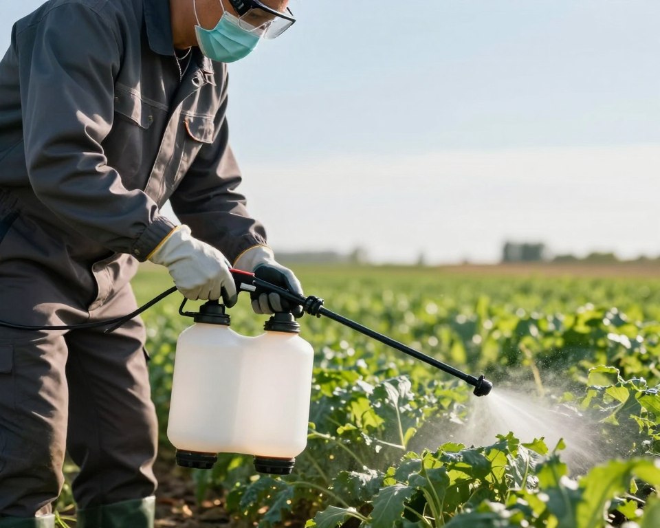 A close-up view of an agricultural worker in professional attire, wearing protective gear, including gloves, goggles, and a mask, while safely applying herbicide in a field. In the foreground, focus on the worker's careful hand movements with the sprayer, showcasing attention to safety. The middle ground features lush green crops, illustrating the impact of herbicide treatment. The background includes a clear blue sky with soft sunlight filtering through, creating a bright and healthy atmosphere. The scene conveys a sense of responsibility and awareness of safety measures in agriculture. Use natural lighting to enhance clarity and detail, shot from a slight low angle to emphasize the worker's professionalism and the importance of safety.