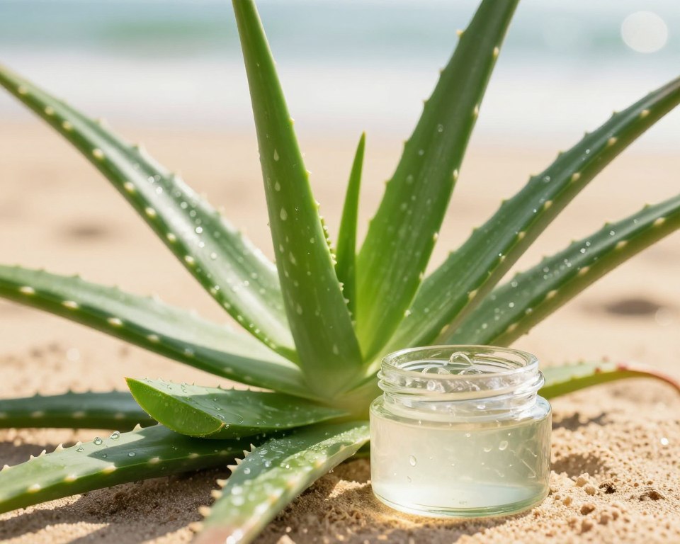 A close-up view of an aloe vera plant with vibrant green leaves, some slightly drooping under the weight of moisture, set against a soft, blurred background of a sunny beach. In the foreground, a small glass jar of clear aloe vera gel sits next to the plant, with a few drops of the gel glistening under golden sunlight. The scene conveys a warm and serene atmosphere, highlighting textures and colors that evoke both natural healing and the potential irritation of sunburned skin. Soft lighting enhances the freshness of the aloe while casting gentle shadows. The image should be framed with minimal distractions to focus on the aloe vera's healing properties and the potential risks associated with fragrance and alcohol in sunburn relief products.