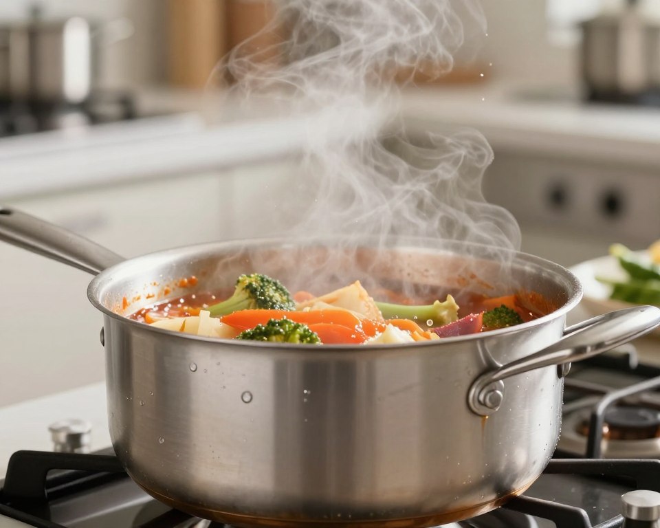 A close-up view of an aluminum saucepan resting on a stovetop, with steam rising gently from its surface. In the foreground, droplets of water and tiny particles dissolve into the food being cooked, symbolizing the leaching process. The middle ground features vibrant vegetables and a simmering sauce, under the warm glow of soft, diffused lighting that enhances the textures of the food. In the background, a clean, modern kitchen is visible, with neutral tones and stainless steel appliances, emphasizing a healthy cooking environment. The overall mood is informative and serene, with a focus on the subtle interactions between food and cookware. Use a shallow depth of field to keep the focus on the cookware and food while softly blurring the background elements. A close-up view of an aluminum saucepan resting on a stovetop, with steam rising gently from its surface. In the foreground, droplets of water and tiny particles dissolve into the food being cooked, symbolizing the leaching process. The middle ground features vibrant vegetables and a simmering sauce, under the warm glow of soft, diffused lighting that enhances the textures of the food. In the background, a clean, modern kitchen is visible, with neutral tones and stainless steel appliances, emphasizing a healthy cooking environment. The overall mood is informative and serene, with a focus on the subtle interactions between food and cookware. Use a shallow depth of field to keep the focus on the cookware and food while softly blurring the background elements.