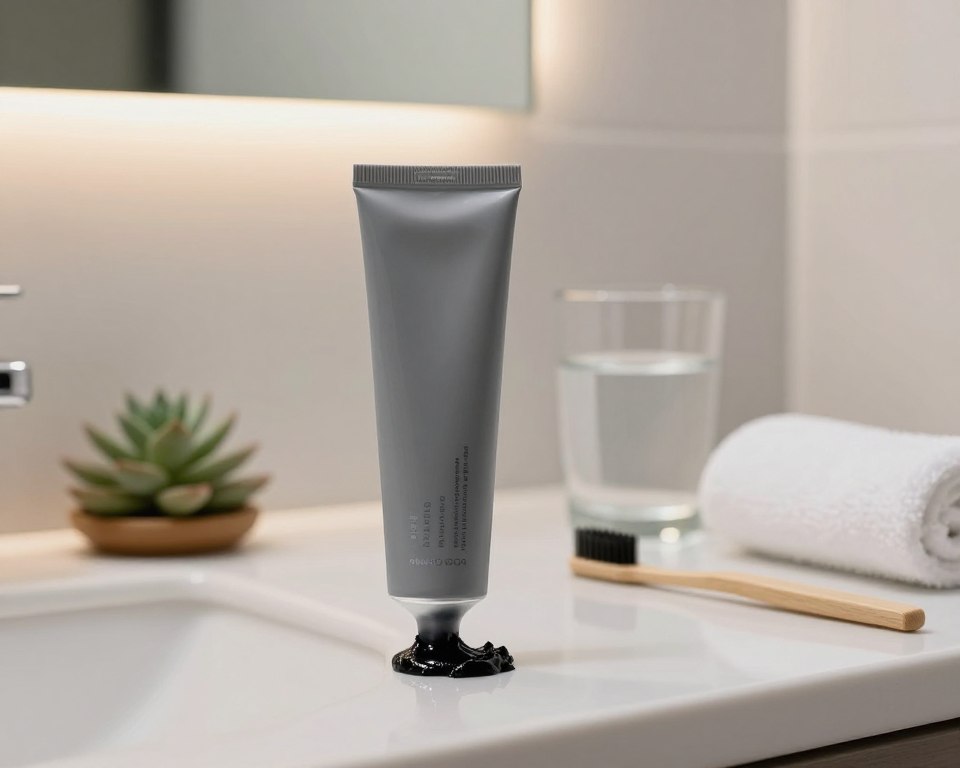 A close-up view of an elegant bathroom countertop featuring a sleek tube of activated charcoal toothpaste, prominently displayed with its charcoal-infused black paste oozing slightly from the opening. Surrounding it are complimentary items such as a modern toothbrush, a stylish glass filled with water, and natural botanical elements like a small succulent plant and a white towel. The background features a softly blurred mirror reflecting warm, inviting lighting, emphasizing a clean and serene atmosphere. The scene is meticulously arranged to evoke a sense of daily self-care while subtly hinting at concerns about enamel protection, with a color palette dominated by soft greys, whites, and earthy tones. The composition should focus on clarity and detail, highlighting the texture of the charcoal paste and the sleek design of the toothpaste tube. A close-up view of an elegant bathroom countertop featuring a sleek tube of activated charcoal toothpaste, prominently displayed with its charcoal-infused black paste oozing slightly from the opening. Surrounding it are complimentary items such as a modern toothbrush, a stylish glass filled with water, and natural botanical elements like a small succulent plant and a white towel. The background features a softly blurred mirror reflecting warm, inviting lighting, emphasizing a clean and serene atmosphere. The scene is meticulously arranged to evoke a sense of daily self-care while subtly hinting at concerns about enamel protection, with a color palette dominated by soft greys, whites, and earthy tones. The composition should focus on clarity and detail, highlighting the texture of the charcoal paste and the sleek design of the toothpaste tube.