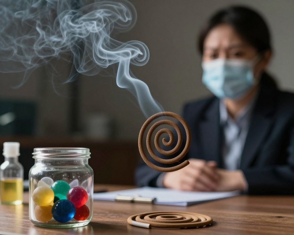A close-up view of an indoor setting with a lit mosquito coil emitting thick smoke. In the foreground, a delicate glass jar filled with various colorful chemical substances, illustrating the potential toxins found in the smoke. The middle ground features swirling gray smoke that transitions into darker shades, highlighting its chemical nature. In the background, a soft focus of an indoor room with dim lighting, showcasing a concerned person in professional attire, wearing a mask and looking towards the coil. The overall atmosphere conveys a sense of caution and awareness, combined with somber lighting to enhance the mood of potential health risks. The image should be striking and informative, illustrating the chemistry behind mosquito coil smoke.