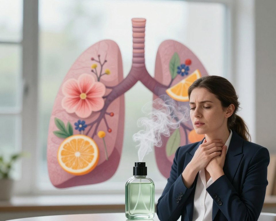A close-up view of an open air freshener bottle surrounded by delicate wisps of fragrant vapor, emphasizing the contrast between the allure of fragrances and potential health concerns. In the foreground, a woman in business attire stands thoughtfully, lightly touching her throat, suggesting a sense of discomfort or sensitivity. In the middle ground, abstract representations of lung structures intertwine with vibrant floral and citrus elements symbolizing fragrances, highlighting the impact of scents on respiratory health. The background features soft, diffused natural light filtering through a window, creating a serene yet tense atmosphere. The color palette includes gentle pastels contrasted with hints of deep blues to evoke a balance between beauty and caution.