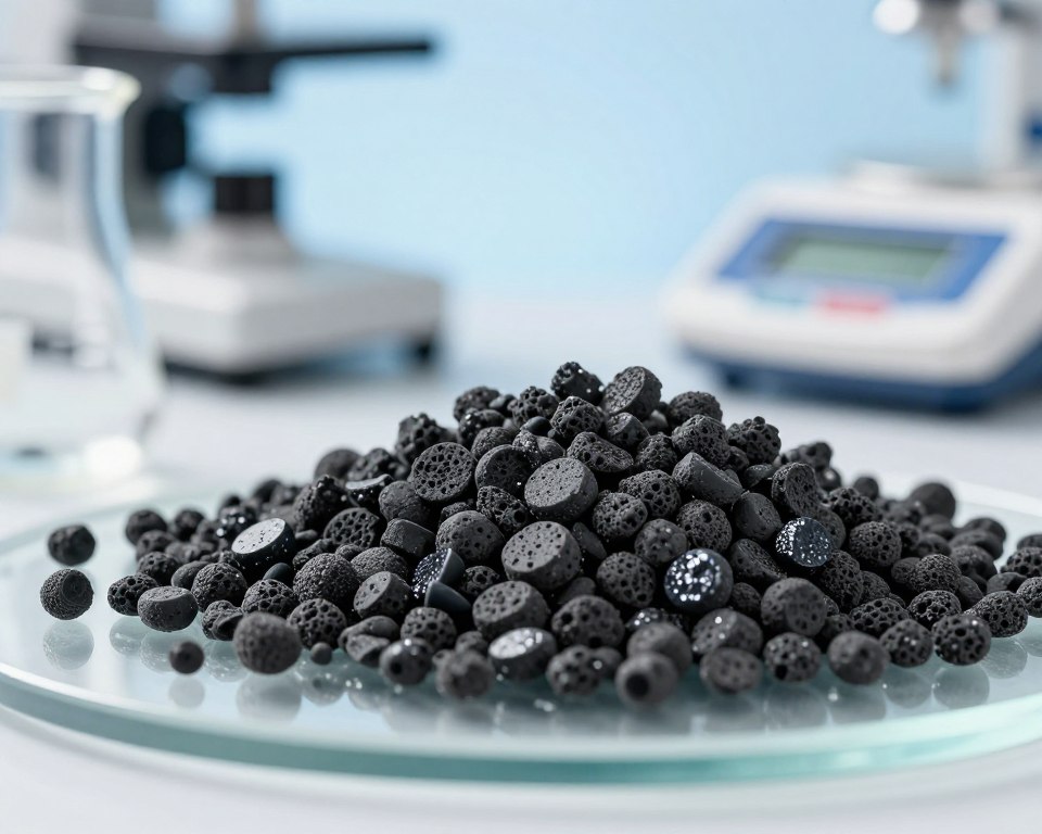 A close-up view of black activated carbon granules scattered across a polished glass surface, glistening under soft, diffused lighting. In the foreground, the texture of the granules is highlighted, showcasing the porous structure and varying sizes, emphasizing their adsorptive qualities. The middle ground includes an elegant, blurred laboratory setting with scientific equipment like a beaker and a digital scale, suggesting a research environment. The background features a gentle gradient of cool blue tones, reflecting a clean and modern atmosphere. The overall mood should be one of sophistication and scientific exploration, ideal for conveying the importance of activated carbon in air purification technology.