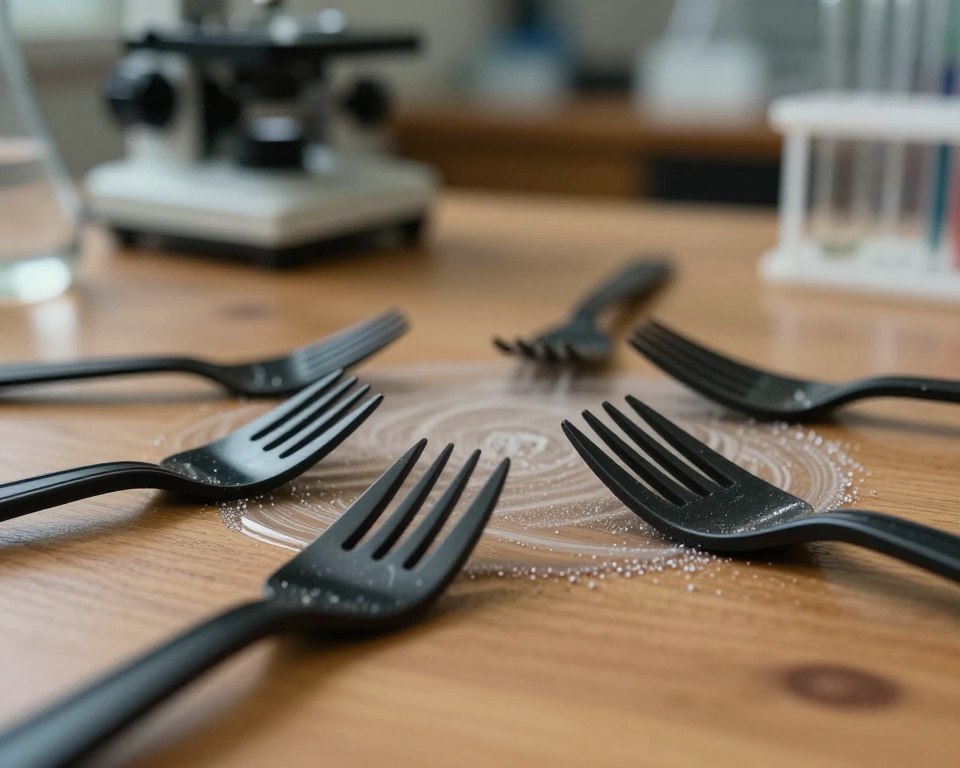 A close-up view of black plastic utensils scattered on a wooden table, partially submerged in a solution representing microplastics particles. In the foreground, focus on the details of the utensils, highlighting scratches and potential wear that could reveal microplastics. In the middle ground, show a gentle swirl of microplastics, glimmering subtly to convey their presence in everyday life. In the background, dimly lit research lab equipment, including a microscope and glassware, to suggest the scientific investigation into human health. The lighting is soft and warm, creating a cautious yet reflective atmosphere. Capture the scene with a shallow depth of field to emphasize the contrast between the utensils and the lurking danger of microplastics, evoking concern and thoughtfulness.