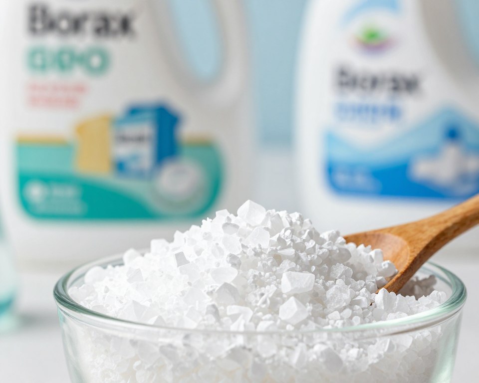 A close-up view of borax and sodium borate crystals in a clear glass container, showcasing their unique geometric shapes and vibrant textures. In the foreground, a wooden spoon rests beside the container, hinting at their use in household cleaning. The middle ground contains a soft-focus illustration of laundry items, such as detergent boxes and fabric softeners, styled in a modern kitchen setting. The background features softly blurred bottles labeled as eco-friendly laundry products, partially visible through a gentle, diffused light. The overall mood conveys a clean, scientific atmosphere, embracing a blend of natural chemistry with practicality. The image should be well-lit, balanced in color, and inviting, capturing the essence of borax and sodium borate's safe use in everyday laundry routines.