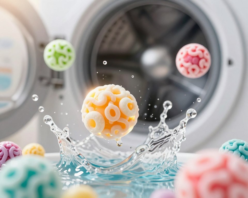 A close-up view of colorful laundry detergent enzymes, specifically depicting protease and amylase in dynamic action. In the foreground, visualize vibrant enzyme molecules swirling around, with intricate details showcasing their unique shapes and structures, highlighted by a soft glow. In the middle ground, illustrate a gentle splash of water, symbolizing the cleaning process, surrounded by sparkling droplets that capture light, creating a dynamic feel. In the background, softly blurred washing machine components hint at a domestic setting. Use bright, inviting lighting that casts a warm, clean atmosphere, akin to a fresh laundry day. Capture the interaction of these enzymes, emphasizing their effectiveness while conveying a sense of safety and gentleness, ideal for sensitive skin. A close-up view of colorful laundry detergent enzymes, specifically depicting protease and amylase in dynamic action. In the foreground, visualize vibrant enzyme molecules swirling around, with intricate details showcasing their unique shapes and structures, highlighted by a soft glow. In the middle ground, illustrate a gentle splash of water, symbolizing the cleaning process, surrounded by sparkling droplets that capture light, creating a dynamic feel. In the background, softly blurred washing machine components hint at a domestic setting. Use bright, inviting lighting that casts a warm, clean atmosphere, akin to a fresh laundry day. Capture the interaction of these enzymes, emphasizing their effectiveness while conveying a sense of safety and gentleness, ideal for sensitive skin.