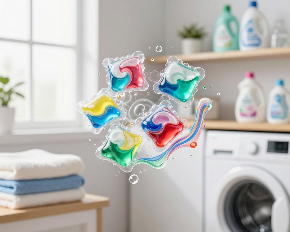A close-up view of colorful laundry detergent pods bursting with vibrant enzymes, like protease and amylase, revealing their molecular structures in an artistic representation. In the foreground, a clean, bright laundry room setting with neatly stacked towels and a washing machine. The middle ground features bubbles and colorful swirls of detergent fluid to emphasize cleanliness and freshness, illuminated with soft natural light from a nearby window creating an inviting atmosphere. The background shows shelves stocked with various eco-friendly laundry products, hinting at a modern and sustainable approach. The overall tone is bright and clean, conveying the effectiveness and innovation of enzymes in laundry detergents, suitable for sensitive skin. A close-up view of colorful laundry detergent pods bursting with vibrant enzymes, like protease and amylase, revealing their molecular structures in an artistic representation. In the foreground, a clean, bright laundry room setting with neatly stacked towels and a washing machine. The middle ground features bubbles and colorful swirls of detergent fluid to emphasize cleanliness and freshness, illuminated with soft natural light from a nearby window creating an inviting atmosphere. The background shows shelves stocked with various eco-friendly laundry products, hinting at a modern and sustainable approach. The overall tone is bright and clean, conveying the effectiveness and innovation of enzymes in laundry detergents, suitable for sensitive skin.