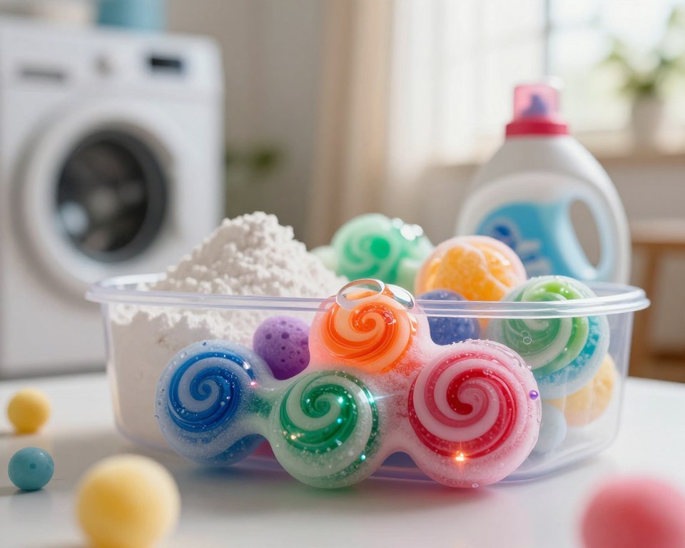 A close-up view of colorful laundry detergent surfactant molecules, intricately designed to showcase their unique structures. In the foreground, a magnified droplet displays vibrant, swirling colors that represent different surfactant types, with molecular connections highlighted in luminous detail. The middle ground features a transparent container filled with powdered and liquid detergents, emphasizing their differing textures. The background consists of a soft, blurred laundry room setting with sunlight filtering through a window, creating a warm, inviting atmosphere. Capture this image with a macro lens, ensuring sharp focus on the surfactants with gentle bokeh in the background, evoking a sense of scientific exploration and cleanliness. A close-up view of colorful laundry detergent surfactant molecules, intricately designed to showcase their unique structures. In the foreground, a magnified droplet displays vibrant, swirling colors that represent different surfactant types, with molecular connections highlighted in luminous detail. The middle ground features a transparent container filled with powdered and liquid detergents, emphasizing their differing textures. The background consists of a soft, blurred laundry room setting with sunlight filtering through a window, creating a warm, inviting atmosphere. Capture this image with a macro lens, ensuring sharp focus on the surfactants with gentle bokeh in the background, evoking a sense of scientific exploration and cleanliness.