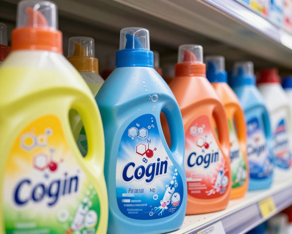 A close-up view of colorful liquid detergent bottles in an organized arrangement on a grocery store shelf, emphasizing their bright, enticing labels. In the foreground, a translucent container pours out vibrant, iridescent bubbles that shimmer in the light, hinting at the harmful chemicals within. The middle ground features chemical symbols and molecular structures subtly integrated into the scene, representing phthalates and other hazardous substances. The background includes a blurred display of laundry items, creating a busy shopping environment. Use soft, natural lighting to highlight the bright colors of the detergent while casting gentle shadows that add depth. The atmosphere should evoke awareness and caution, illustrating the hidden dangers behind appealing fragrances.