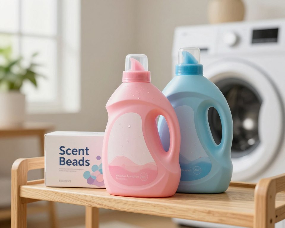 A close-up view of common scented laundry products on a wooden laundry shelf, highlighting their sleek, colorful bottles and containers. In the foreground, a bright pink liquid detergent, a pastel blue fabric softener, and a white box labeled "scent beads" arranged aesthetically. In the middle, subtle details like droplets of water on the containers and the reflection of a washing machine in the background. The background is softly blurred, featuring a warm, inviting laundry room with lush greenery visible through a window, casting soft light. The atmosphere is serene and cautionary, suggesting an awareness of the hidden chemicals inside these seemingly harmless products. The image should evoke curiosity and concern about phthalates without any text or human figures.