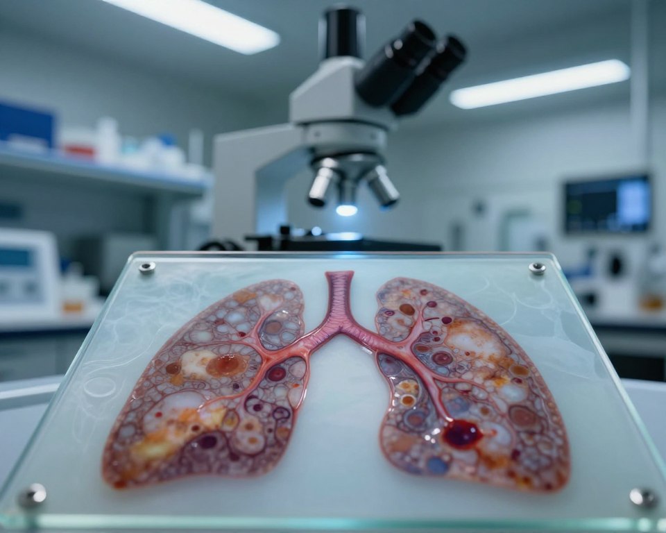 A close-up view of damaged lung tissue due to long-term exposure to ozone, set in a sterile laboratory environment. In the foreground, intricately detailed lung tissue samples displayed on glass slides, showing discoloration and inflammation. The middle layer features a microscope with visible hazards of ozone exposure, perhaps emitting a faint glow, symbolizing danger. The background includes shelves filled with scientific equipment and fluorescent lights casting a cool, clinical illumination. The atmosphere is somber, emphasizing the seriousness of chronic health risks. The image should convey a sense of urgency and caution, suitable for a health-related discussion, with a focus on the scientific aspect rather than emotional elements. A close-up view of damaged lung tissue due to long-term exposure to ozone, set in a sterile laboratory environment. In the foreground, intricately detailed lung tissue samples displayed on glass slides, showing discoloration and inflammation. The middle layer features a microscope with visible hazards of ozone exposure, perhaps emitting a faint glow, symbolizing danger. The background includes shelves filled with scientific equipment and fluorescent lights casting a cool, clinical illumination. The atmosphere is somber, emphasizing the seriousness of chronic health risks. The image should convey a sense of urgency and caution, suitable for a health-related discussion, with a focus on the scientific aspect rather than emotional elements.