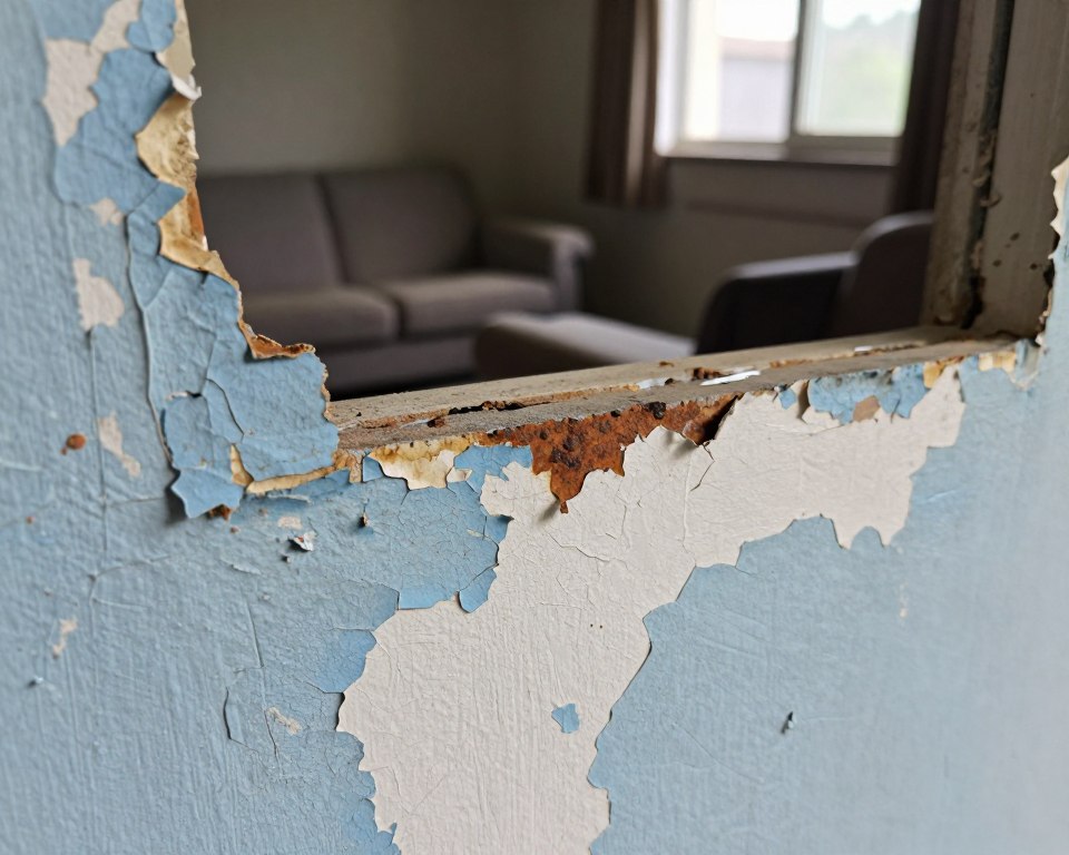 A close-up view of deteriorating lead-based paint flaking off a wall in a residential setting. The foreground features close textures of the peeling, cracked paint, showcasing layers of faded blue and white, with some rust-colored spots where the underlying material is exposed. In the middle ground, a dimly lit living room is visible, with furniture slightly shifted to reveal the damaged wall. The background includes a dusty windowsill and partially drawn curtains, allowing soft, muted natural light to stream in, creating a somber yet realistic atmosphere. The scene evokes a sense of neglect and raises awareness of the risks posed by legacy paint. The angle is slightly tilted to emphasize the deterioration of texture without any people present, focusing solely on the environmental context.