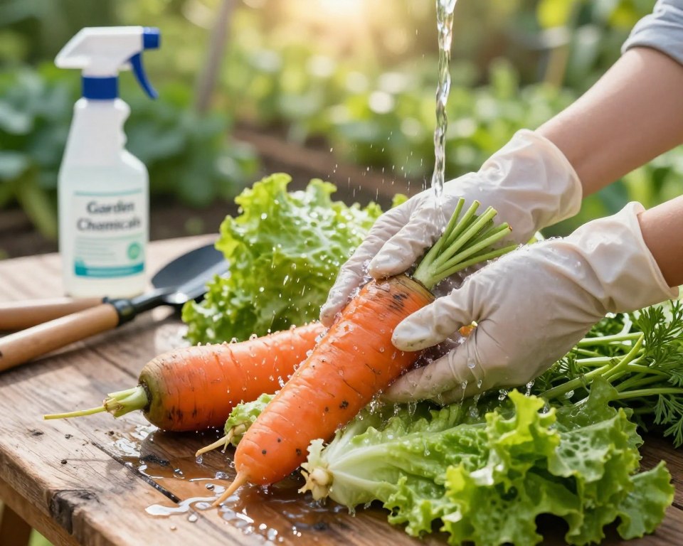 A close-up view of freshly harvested vegetables like carrots and lettuce showing signs of contamination, with faint chemical residue visible on their surfaces. In the foreground, a pair of hands wearing gloves is carefully washing the vegetables under running water, emphasizing the importance of cleaning. The middle ground features a rustic wooden table cluttered with gardening tools and an empty spray bottle labeled 'Garden Chemicals,' hinting at potential contamination sources. The background displays a vibrant garden with green foliage and sunlight filtering through, creating a bright, inviting atmosphere. The image captures a sense of urgency and care, highlighting the implications of vegetable contamination. Soft, natural lighting enhances the freshness of the produce while casting gentle shadows for depth.