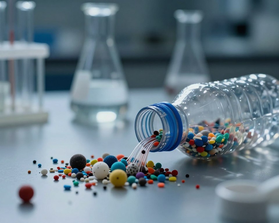 A close-up view of harmful plastic components, featuring sharp-edged microplastics and colorful synthetic particles scattered on a laboratory table. In the foreground, focus on a dissected plastic bottle revealing its inner structure, with streams of pollution symbolizing endocrine disruptors leaking into the environment. The middle layer captures a hazy laboratory setting, with glass beakers and scientific tools subtly blurred in the background. Use dramatic, low lighting that casts deep shadows, creating a moody atmosphere, emphasizing the dangers of plastic pollution. The image should convey a sense of urgency and awareness about regulatory standards, aimed at visualizing the complexity and hidden risks of plastic waste in a professional and compelling manner. A close-up view of harmful plastic components, featuring sharp-edged microplastics and colorful synthetic particles scattered on a laboratory table. In the foreground, focus on a dissected plastic bottle revealing its inner structure, with streams of pollution symbolizing endocrine disruptors leaking into the environment. The middle layer captures a hazy laboratory setting, with glass beakers and scientific tools subtly blurred in the background. Use dramatic, low lighting that casts deep shadows, creating a moody atmosphere, emphasizing the dangers of plastic pollution. The image should convey a sense of urgency and awareness about regulatory standards, aimed at visualizing the complexity and hidden risks of plastic waste in a professional and compelling manner.