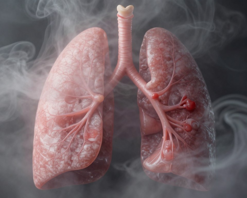 A close-up view of healthy human lungs contrasted against a backdrop of dark, swirling smoke to symbolize the dangers of burned food fumes. The foreground features vibrant, clear lung anatomy displaying healthy tissue in rich shades of pink and red. In the middle ground, faint outlines of damaged lung tissue appear subtly within the smoke, illustrating the impact of chronic exposure. The background is filled with a hazy, gray atmosphere, invoking a somber mood. Soft, diffused lighting highlights the lungs, creating depth and focus, with a slight vignette effect to enhance the central composition. Use a lens that captures fine details while maintaining a slightly shallow depth of field to draw attention to the lungs and smoke.