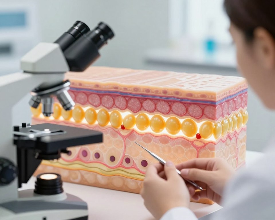 A close-up view of healthy skin under a dermatological analysis, showcasing the outer layer of skin with a focus on the skin barrier's integrity. The foreground features a microscope and dermatologist tools, symbolizing a clinical environment. In the middle ground, a glowing cross-section of skin illustrates the lipid barrier in vibrant detail, highlighting its protective functions. The background features soft, diffused lighting to create a calm, clinical atmosphere. The color palette consists of soft pastels to evoke a sense of gentleness and care. Overall, the image should reflect a professional dermatological perspective on skin barrier health, emphasizing the importance of maintaining this barrier for overall skin wellness.